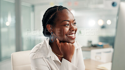 Buy stock photo Research, business or black woman on computer for good news, project review or economy website. Happy, financial consultant and accountant with smile in office for budget solution, report or taxes