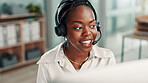 Office, call center and happy black woman on computer for contact us, crm service or customer support. Business, professional consultant and person with headset for communication, advice and feedback