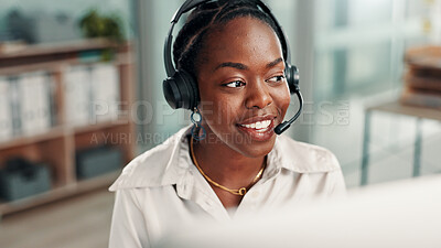 Buy stock photo Office, call center and happy black woman on computer for contact us, crm service or customer support. Business, professional consultant and person with headset for communication, advice and feedback