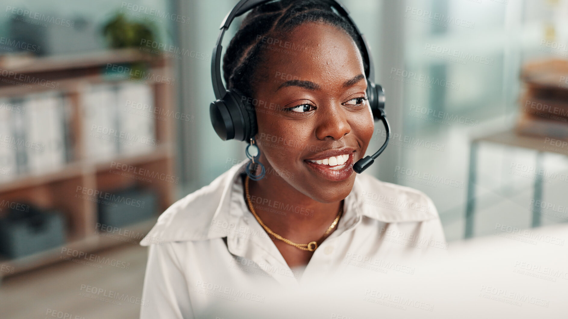 Buy stock photo Office, call center and happy black woman on computer for contact us, crm service or customer support. Business, professional consultant and person with headset for communication, advice and feedback