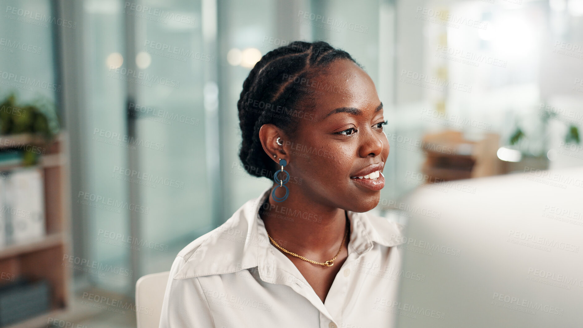 Buy stock photo Research, business or black woman on computer for accounting review, news or economy website. Auditor, financial consultant and accountant typing on PC in office for planning budget, report or taxes