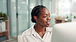 Research, business or black woman on computer for accounting review, news or economy website. Auditor, financial consultant and accountant typing on PC in office for planning budget, report or taxes