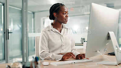 Buy stock photo Research, business or black woman on computer for online project, review or economy website. Auditor, financial consultant and accountant typing on PC in office for planning budget, report or taxes