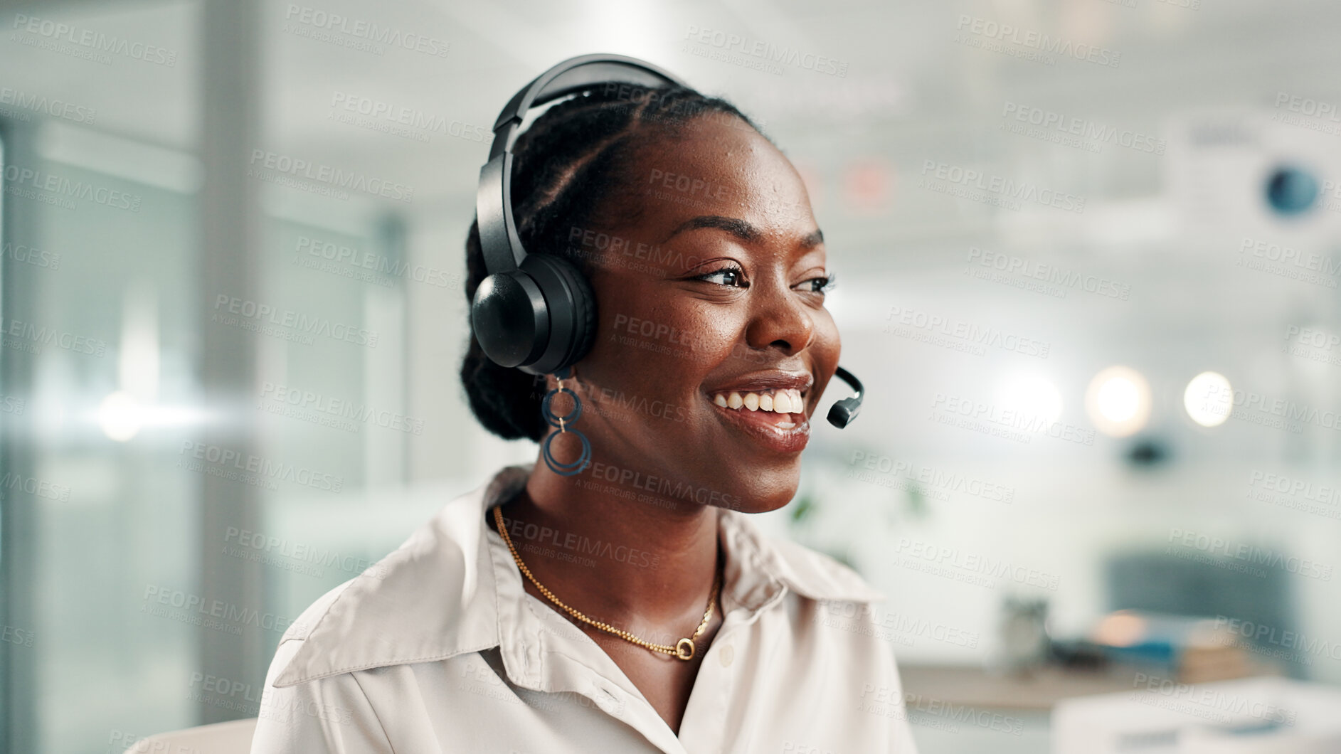 Buy stock photo Happy, black woman and consultant with headset at call center for online communication or customer service. Female person, agent or smile with technology, mic or help for virtual assistance at office