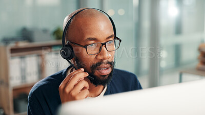 Buy stock photo Office, call center and African man on computer for contact us, crm service and customer support. Business, professional consultant and person with headset for communication, advice and feedback