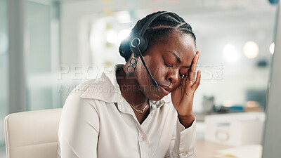 Buy stock photo Headache, office and black woman in call center with stress for contact us, crm service and customer support. Business, professional consultant and person with headset for fatigue, tired and burnout