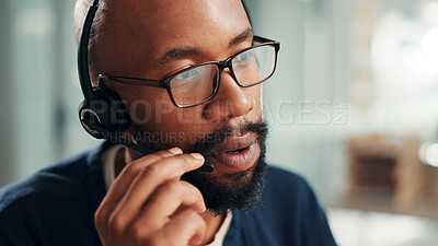 Buy stock photo Black man, consultant and talking with headset at call center for online advice or customer service. Male person, agent or employee speaking with mic for virtual assistance, help or communication