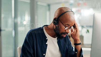 Buy stock photo Frustrated, black man and consultant with headset for stress, difficult customer or bad news at office. Male person, agent or listening with technology or mic for online communication at call center