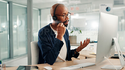 Buy stock photo Office, call center and black man on computer talking for contact us, crm service or customer support. Business, professional consultant and person with headset for communication, advice and feedback