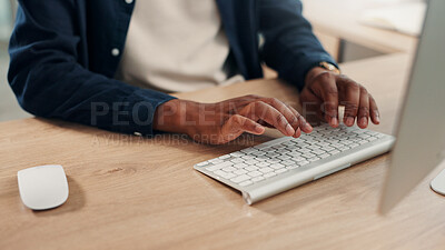 Buy stock photo Graphic designer, computer or hands on keyboard in office with online review, project update or startup website. Business, digital or creative man typing at desk for editing, research and feedback