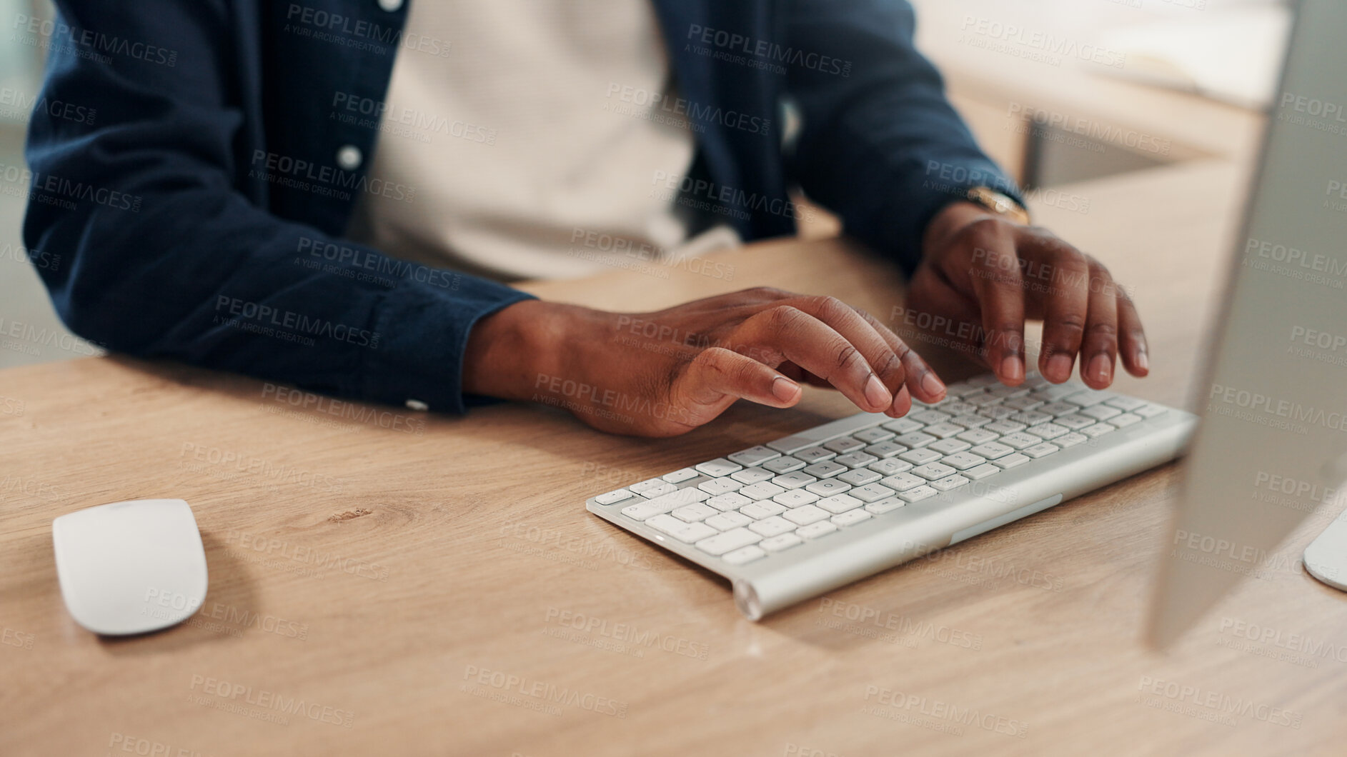 Buy stock photo Graphic designer, computer or hands on keyboard in office with online review, project update or startup website. Business, digital or creative man typing at desk for editing, research and feedback