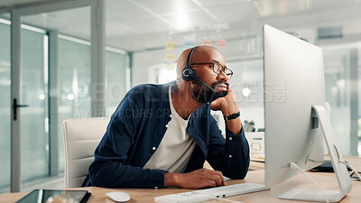 Buy stock photo Bored, office and tired black man in call center for contact us, crm service and customer support. Business, professional consultant and person with headset for fatigue, low energy and burnout