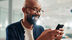 Phone, smile and businessman with texting, social media or message in office laughing at meme. Funny, communication and corporate employee browsing website, mobile or internet app on smartphone