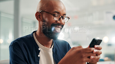 Buy stock photo Phone, smile and businessman with texting, social media or message in office laughing at meme. Funny, communication and corporate employee browsing website, mobile or internet app on smartphone