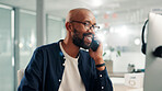 Businessman, phone call and computer in office for communication, planning schedule and happy news. Smile, male person and mobile for discussion, reading email and negotiation feedback of project
