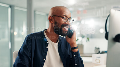 Buy stock photo Businessman, phone call and computer in office for communication, planning schedule and happy news. Smile, male person and mobile for discussion, reading email and negotiation feedback of project