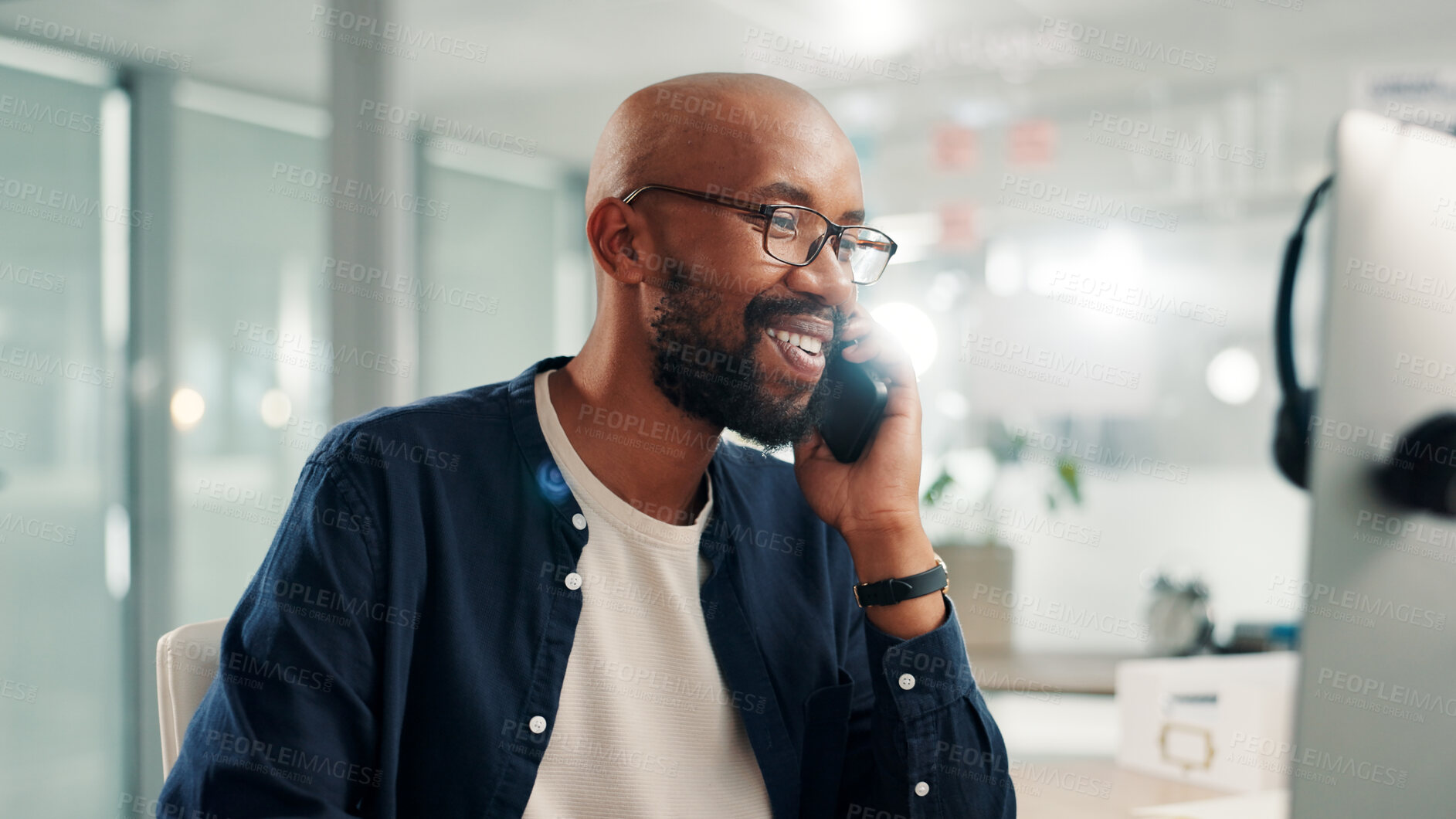Buy stock photo Businessman, phone call and computer in office for communication, planning schedule and happy news. Smile, male person and mobile for discussion, reading email and negotiation feedback of project