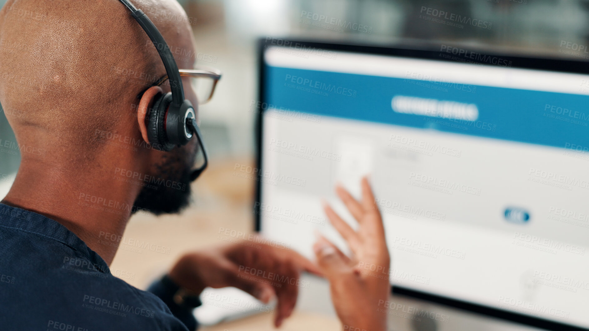 Buy stock photo Black man, screen or consultant with computer at call center for online advice, help or customer service. Back, chat or sales agent with headset for virtual assistance, contact support or feedback