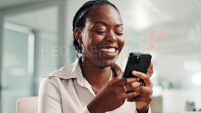 Buy stock photo Phone, smile and business woman with social media, texting or message in office laughing at meme. Funny, communication and black person employee browsing website, mobile or internet app on smartphone