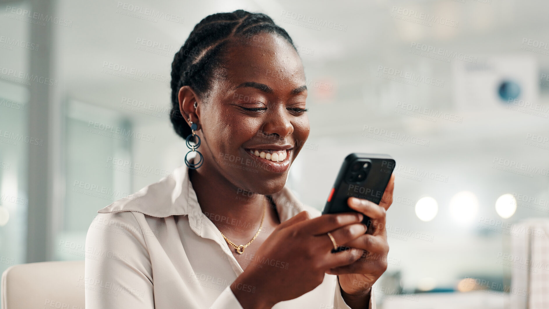 Buy stock photo Smartphone, smile and business woman with social media, texting or message in office laughing at meme. Funny, communication and black person employee browsing website, mobile or internet app on phone