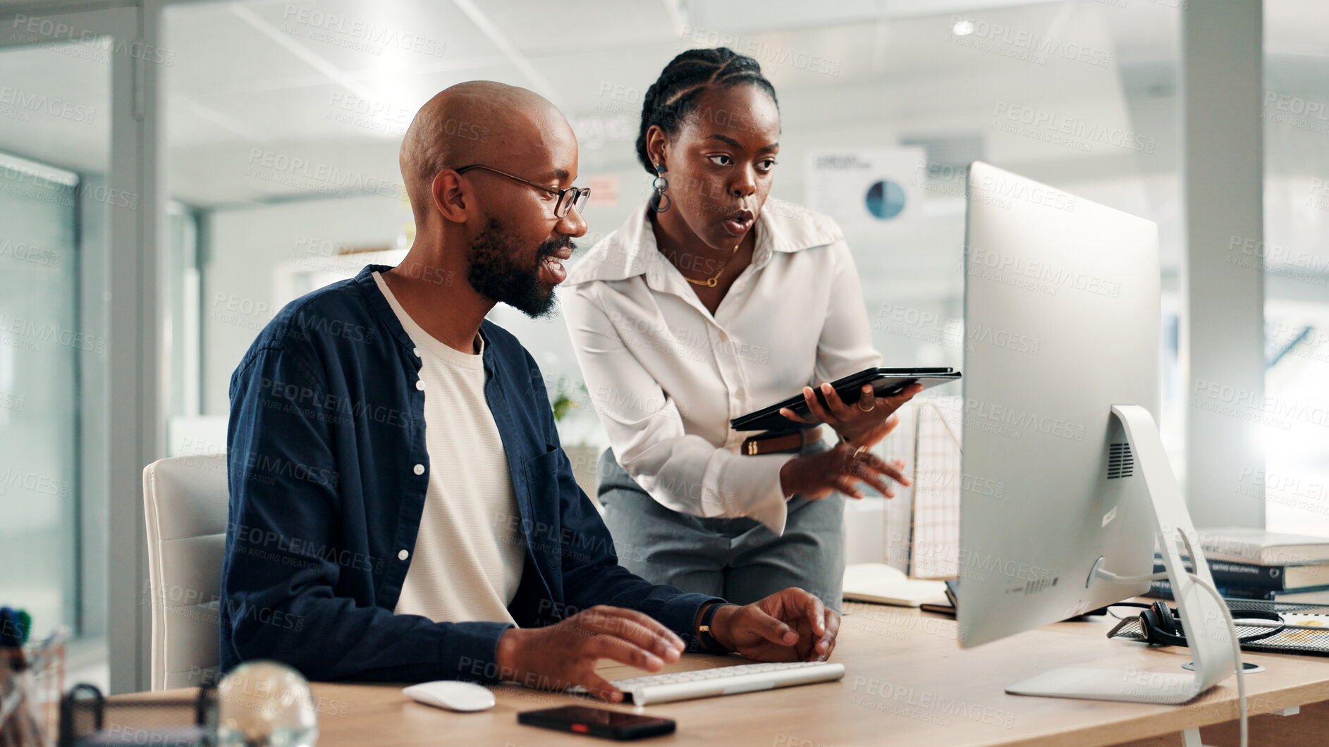 Buy stock photo Computer, teamwork and discussion with business people in office for accounting review, audit feedback or talk. Tech, portfolio manager and collaboration with man, woman and finance agency report