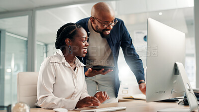 Buy stock photo Computer, teamwork and review with business people in office for accounting discussion, audit feedback or talk. Tech, portfolio manager and collaboration with man, woman and finance agency report