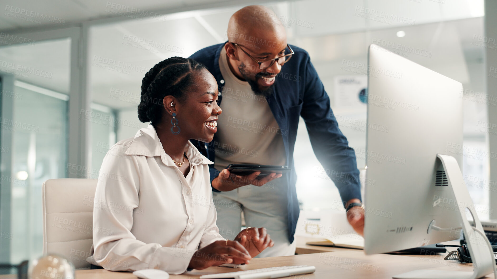 Buy stock photo Computer, teamwork and review with business people in office for accounting discussion, audit feedback or talk. Tech, portfolio manager and collaboration with man, woman and finance agency report