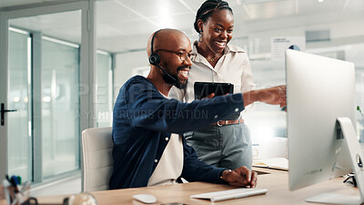 Buy stock photo Call center, manager and happy with helping on computer for customer service training, online advice or coaching. Black people, intern or employee with assistance for technical support and new system