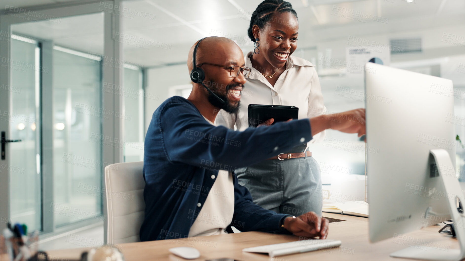 Buy stock photo Call center, manager and happy with helping on computer for customer service training, online advice or coaching. Black people, intern or employee with assistance for technical support and new system