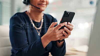 Buy stock photo Woman, hands or phone in call center for research, telemarketing schedule or scroll on networking app. Sales agent, tech and typing in agency for contact, calendar update or browsing for productivity