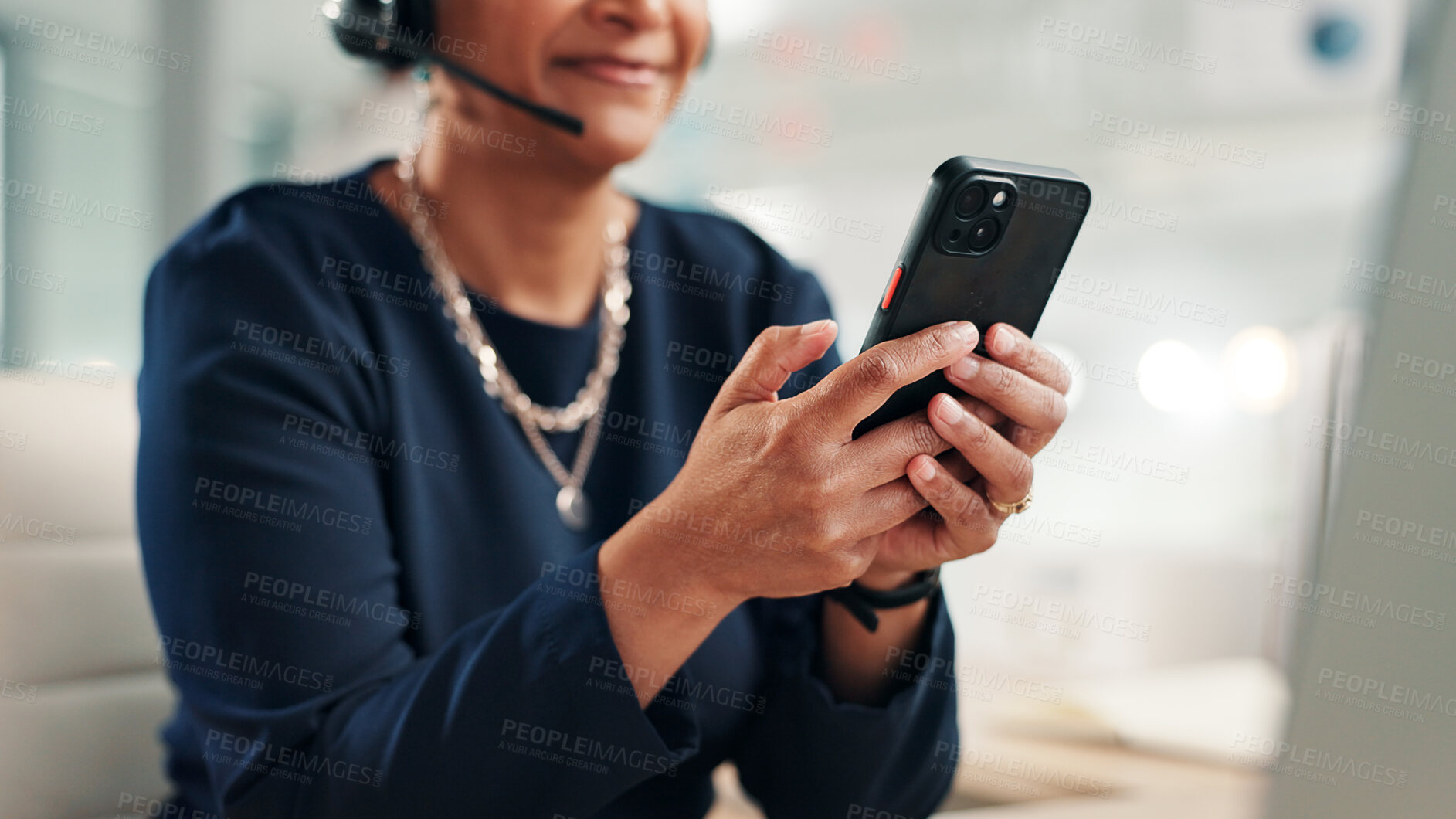 Buy stock photo Woman, hands or phone in call center for research, telemarketing schedule or scroll on networking app. Sales agent, tech and typing in agency for contact, calendar update or browsing for productivity