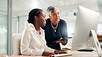 Computer, teamwork and review with business women in office for accounting discussion, audit feedback or talk. Tech, portfolio manager and collaboration with mentor, tablet and finance agency report