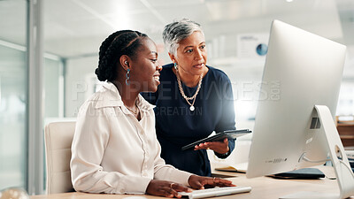 Buy stock photo Computer, teamwork and review with business women in office for accounting discussion, audit feedback or talk. Tech, portfolio manager and collaboration with mentor, tablet and finance agency report