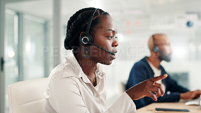 Buy stock photo Black woman, consultant and pointing with headset at call center for customer service or online advice. Female person, agent or employee talking with mic on technology for virtual assistance or help