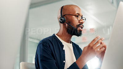 Buy stock photo Black man, consultant or discussion with headset at call center for customer service or online advice. Male person, agent or employee talking with mic on technology for virtual assistance at office