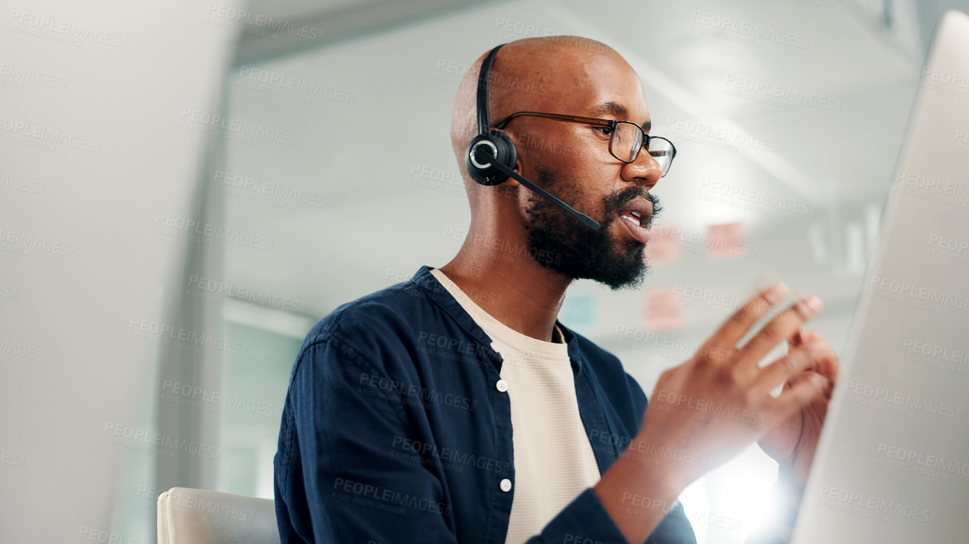 Buy stock photo Black man, consultant or discussion with headset at call center for customer service or online advice. Male person, agent or employee talking with mic on technology for virtual assistance at office
