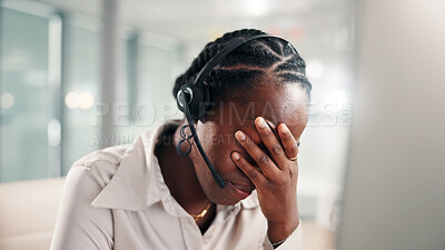 Buy stock photo Frustrated, black woman and consultant with headset or stress for mistake, error or compliance issue. Female person, agent or anxiety with fail for difficult customer or pressure at call center
