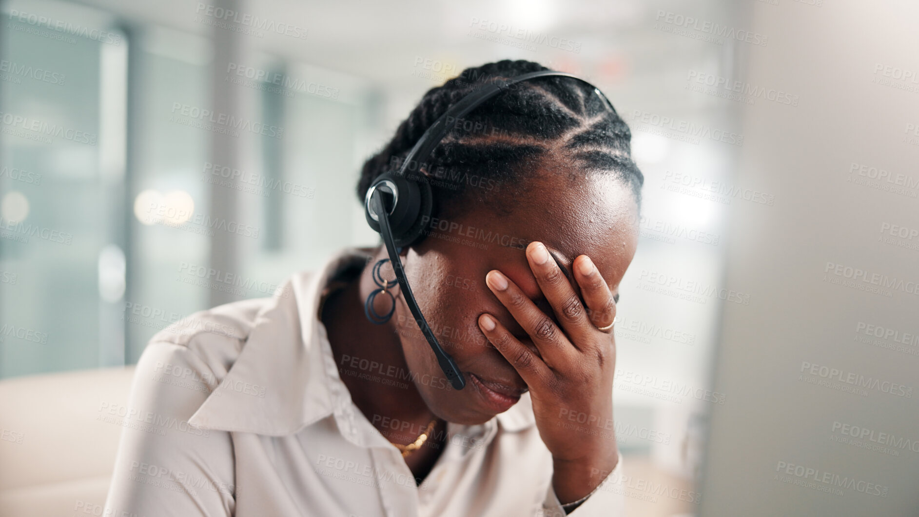 Buy stock photo Frustrated, black woman and consultant with headset or stress for mistake, error or compliance issue. Female person, agent or anxiety with fail for difficult customer or pressure at call center