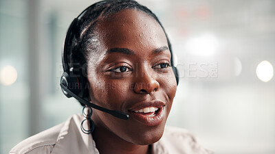 Buy stock photo Happy, black woman and consultant with headset at office for online communication or customer service. Female person, agent or smile with technology, mic or help for virtual assistance at call center