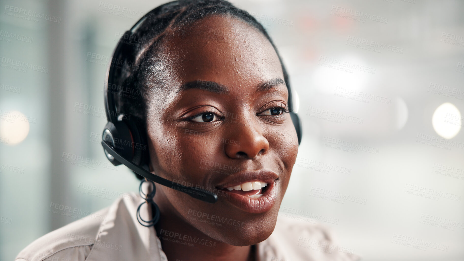 Buy stock photo Happy, black woman and consultant with headset at office for online communication or customer service. Female person, agent or smile with technology, mic or help for virtual assistance at call center