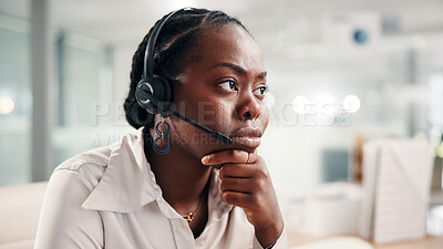 Buy stock photo Black woman, consultant and worry with headset at call center for error or difficult customer. Female person, agent or employee with mic for virtual assistance, help or communication at office desk