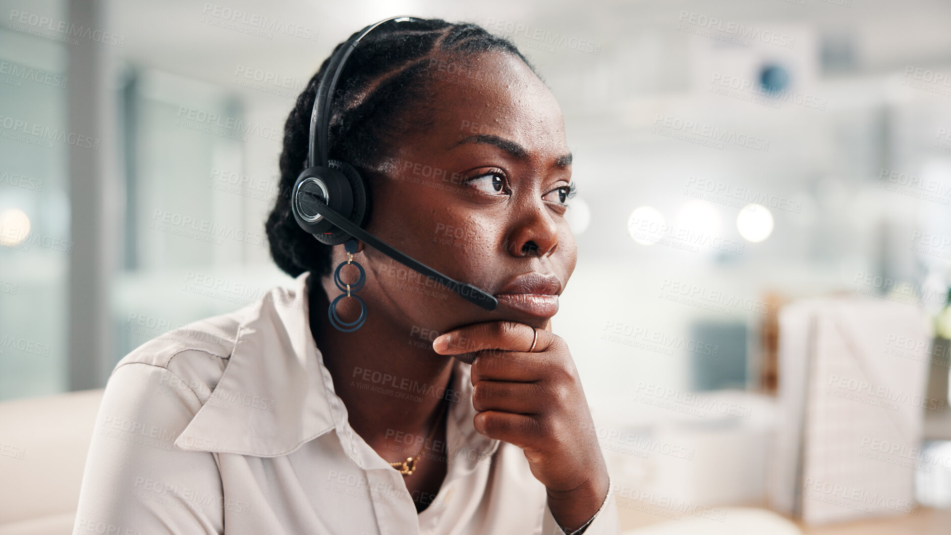 Buy stock photo Black woman, consultant and worry with headset at call center for error or difficult customer. Female person, agent or employee with mic for virtual assistance, help or communication at office desk