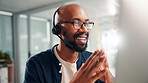 Happy, black man and consultant with headset at call center for online communication or customer service. Male person, agent or smile with technology, mic or help for virtual assistance at office