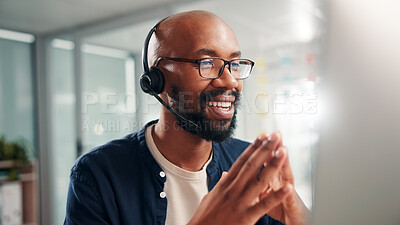 Buy stock photo Happy, black man and consultant with headset at call center for online communication or customer service. Male person, agent or smile with technology, mic or help for virtual assistance at office