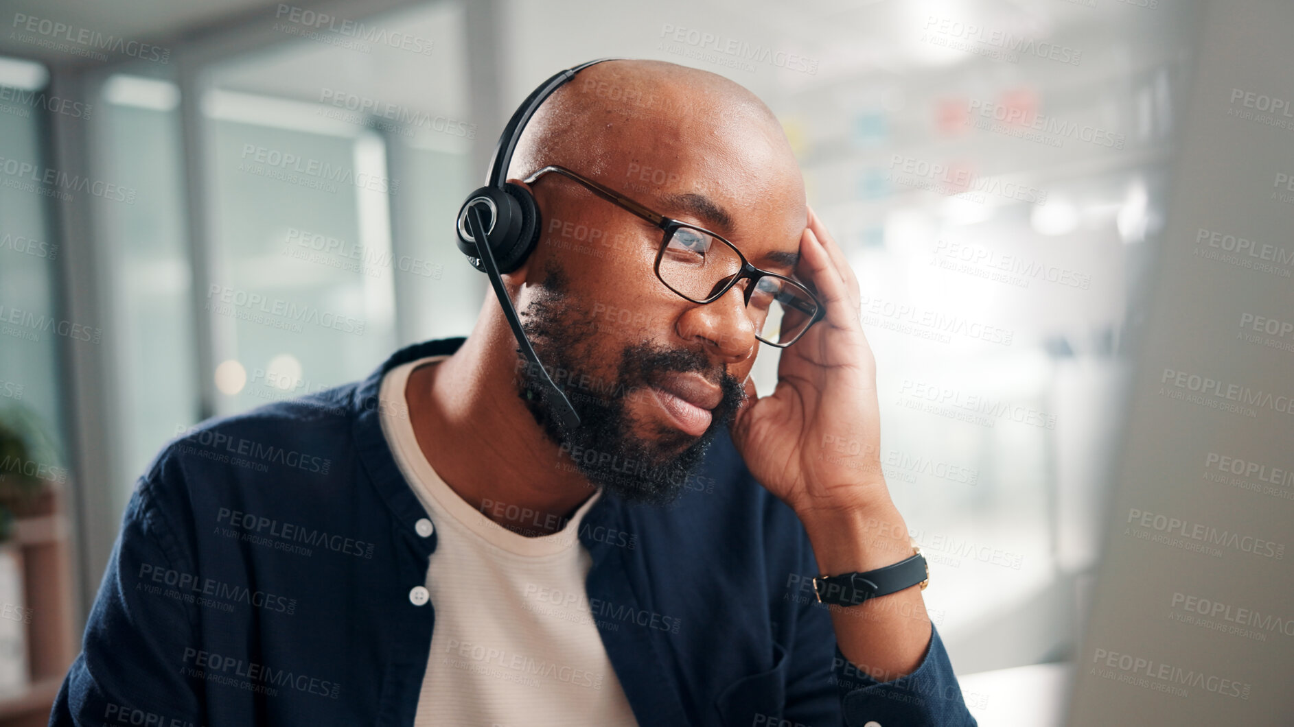 Buy stock photo Tired, office and black man in call center with stress for contact us, crm service and customer support. Business, professional consultant and person with headset for fatigue, frustrated and burnout