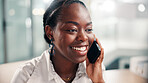 Business woman, phone call and smile in office for communication, planning schedule and happy news. Idea, female person and mobile for discussion, reading email and negotiation feedback of project