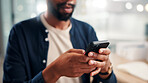 Man, hands and phone in office for business, project planning and scroll on networking platform. Employee, mobile and typing in agency for communication, email draft or browsing for productivity