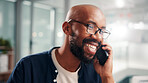 Businessman, phone call and thinking in office for communication, planning schedule and happy news. Smile, male person and mobile for discussion, reading email and negotiation feedback of project