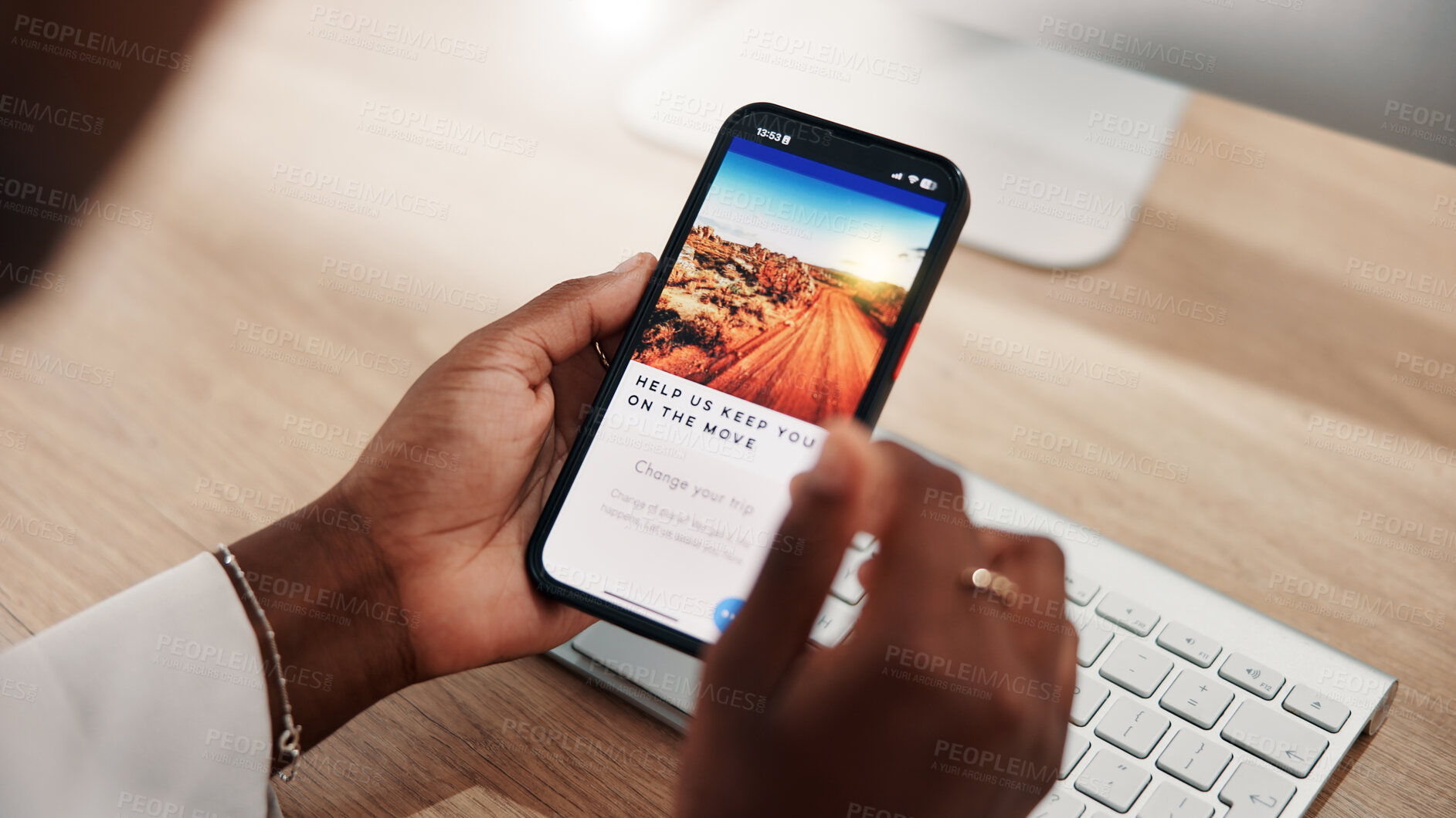 Buy stock photo Person, hands or website with phone screen for holiday getaway, vacation or trip at office. Closeup, customer or user browsing with mobile smartphone display for online booking, travel or tourism app