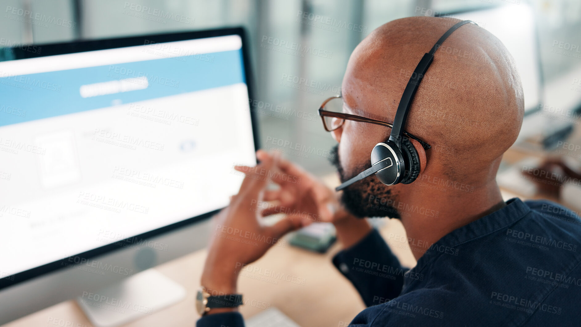 Buy stock photo Computer screen, man and back of call center consultant in office for online consultation with crm. Contact us, help and African male tech support agent with service for troubleshooting problem.